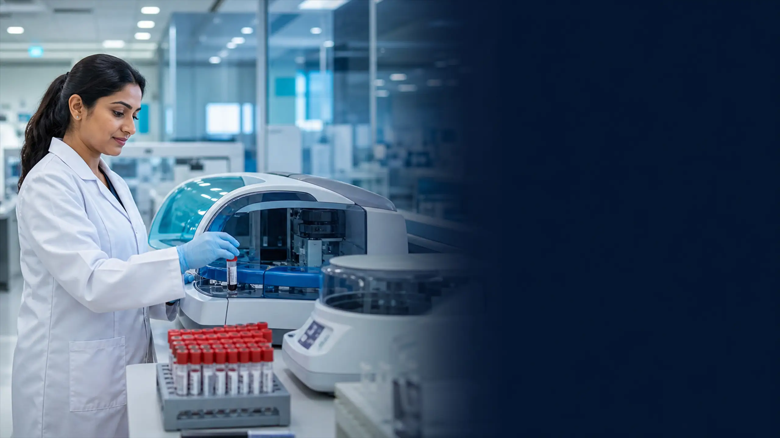 A laboratory technologist loading a rack of labelled blood tubes into an automated analyser.